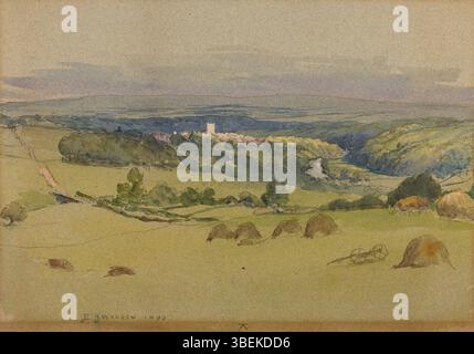 La peinture à l’aquarelle, au graphite et à la gouache de Harold Broadfield Warren représentant la campagne anglaise, achevée le 31 décembre 1890, représente un paysage rural pittoresque avec des vues douces et panoramiques. Mesurant 10 3/16 x 14 13/16 pouces, le tableau fait partie de la collection Morton et Marie Bradley Memorial au Eskenazi Museum of Art, Université de l'Indiana. Banque D'Images