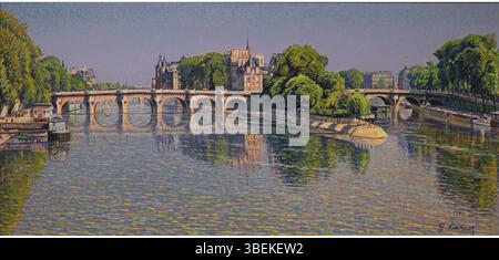 'Pont neuf-1' est une peinture de Gustave Cariot qui capture le pont neuf à Paris. L'artiste souligne les détails architecturaux du pont et l'atmosphère de la ville environnante. Banque D'Images