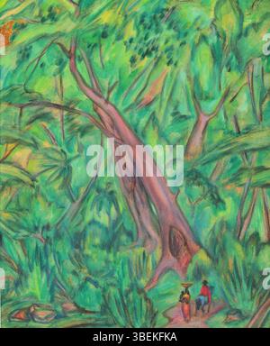 Photographie d'un grand arbre, soulignant son tronc et sa canopée expansifs, peut-être dans une forêt ou un parc naturel. Banque D'Images