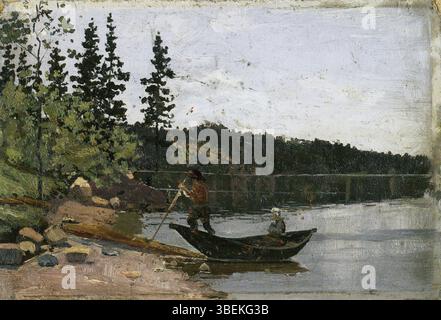 Tableau d'Edvard Munch intitulé 'homme et femme en bateau' de 1881, représentant un couple assis dans un petit bateau. Banque D'Images
