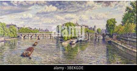'Le Pont neuf à Paris (juillet nuageux no 2)' de Gustave Cariot dépeint le pont du Pont neuf sous un ciel nuageux en juillet. La peinture capture le contraste entre la structure solide du pont et le climat atmosphérique changeant. Banque D'Images