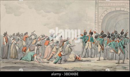 Cette illustration d'Etienne Béricourt montre la distribution des assignats, une forme de monnaie révolutionnaire, pendant la Révolution française de 1793. L'image met en évidence les mesures économiques prises par les révolutionnaires pour soutenir leur gouvernement et les luttes auxquelles la population est confrontée dans le nouveau système. Banque D'Images