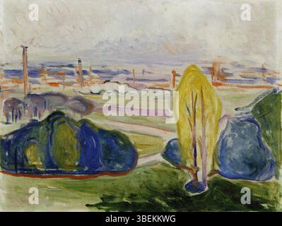 Vue sur Chemnitztal (1905) par Edvard Munch met en valeur un vaste et vaste paysage de la vallée de Chemnitztal. La scène, peinte pendant les voyages de Munch, capture un sentiment de solitude et de beauté naturelle, combinant le réalisme et la profondeur émotionnelle caractéristique de Munch. Banque D'Images