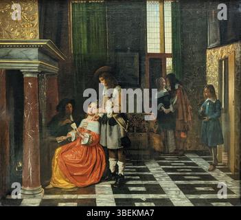 'Joueurs de cartes dans un riche intérieur' de Pieter de Hooch, peint en 1663, représente un groupe de personnages jouant aux cartes dans un intérieur hollandais richement meublé. L'œuvre illustre le talent de Hooch pour capturer la lumière, la profondeur spatiale et la vie domestique pendant l'âge d'or néerlandais. Banque D'Images
