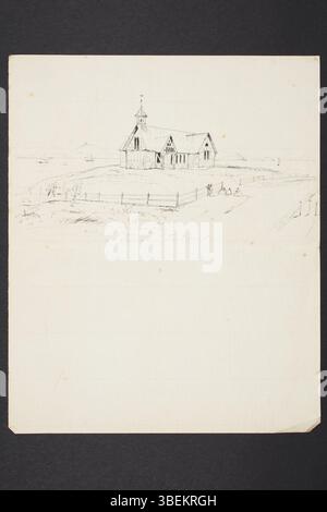 Dessin à la plume et à l’encre intitulé *St Barnabas, Auckland* par John Kinder, représentant l’édifice de l’église d’Auckland. L'œuvre d'art date du XIXe siècle et fait partie de la collection de peintures et dessins du musée d'Auckland. Banque D'Images