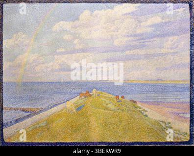 Le tableau de Théo van Rysselberghe de 1892, « L'Arc en ciel », explore l'utilisation de la couleur et de la lumière, présentant une représentation vivante d'un arc-en-ciel contre un paysage tranquille. Banque D'Images