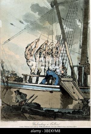 L'image illustre le processus de déchargement d'un collier, souvent appelé « fouettage du charbon ». Les ouvriers utilisent des cordes pour soulever des paniers de charbon de la cale, en utilisant leur poids pour aider au levage. Cette scène illustre le travail et les méthodes utilisés dans le déchargement du charbon au début du XIXe siècle. Banque D'Images