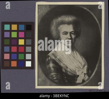 Cette reproduction en noir et blanc d'un tableau de Carl German montre Judith Thurneysen-Iselin, créée vers 1786. L'image est une représentation fidèle de l'original, capturant le style et les caractéristiques typiques des portraits du XVIIIe siècle. Banque D'Images