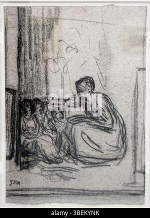 Ce croquis de Jean-François Millet, intitulé *la becquée*, créé entre 1848 et 1849, montre une mère nourrissant son enfant, une scène typique de la vie rurale qui reflète l’accent mis par Millet sur la classe ouvrière. Banque D'Images