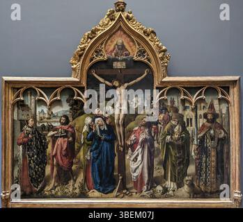 'La Crucifixion du Parlement de Paris' est un tableau de 1449 du maître de Dreux Budé, représentant la crucifixion de Jésus. L’œuvre est conservée au Musée du Louvre et reflète le style gothique de l’époque. Banque D'Images