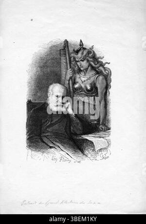 Frontispice gravé par Léopold Flameng pour l’édition 1873 de « L’année terrible » de Victor Hugo, reflétant les troubles politiques et le chagrin personnel. Banque D'Images