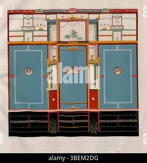 Ce mur orné de fresques de la Maison de la deuxième fontaine mosaïque de Pompéi, capturé par Wilhelm Zahn avant 1871, met en valeur l'art romain et les éléments décoratifs des anciennes maisons pompéiennes. Banque D'Images