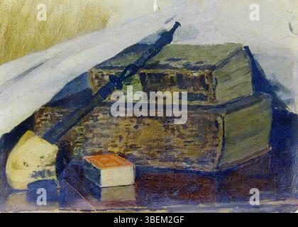 Peinture de nature morte d'Edvard Munch de 1880 représentant une pipe et de multiples bibles disposées sur une surface plane. Banque D'Images