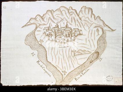 Une vue aérienne de la ville de Nuestra Señora de las Mercedes de Manso à Maule, Chili, de 1744, abritée dans l'Archivo General de Indias. Cette représentation donne un aperçu historique de la première disposition et de l'architecture de la ville à l'époque coloniale. Banque D'Images