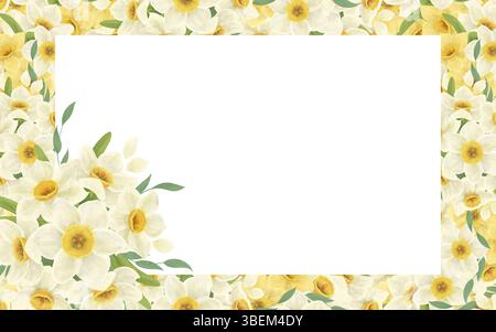 Un cadre de bannière florale fait à partir d'un bouquet de jonquilles blanches, feuilles, composition, illustration numérique à la main sur un fond blanc. Un élément Banque D'Images