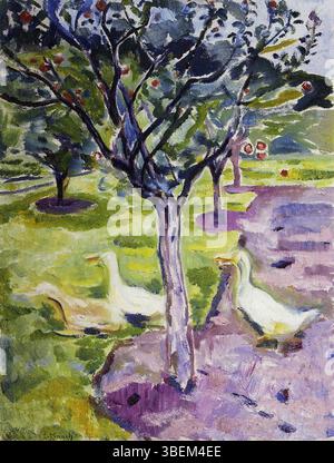 'Oies in the Garden' (vers 1911) d'Edvard Munch capture une scène paisible et rurale avec des oies dans un verger. La peinture souligne la tranquillité de la nature et la capacité de Munch à insuffler aux sujets du quotidien une profondeur émotionnelle. Banque D'Images