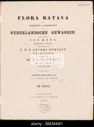 La page de titre du volume 12 de Flora Batava, publié en 1865 et édité par Frederik Anthony Hartsen, présente une série botanique néerlandaise documentant les espèces végétales indigènes. Banque D'Images