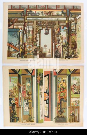 Fond de scène et décors du théâtre de papier de Schreiber représentant une « salle japonaise » de la fin du XIXe siècle au début du XXe siècle. Banque D'Images