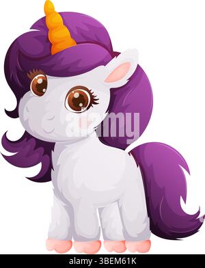 Adorable licorne de dessin animé debout sur fond blanc. Les caractéristiques comprennent une crinière violette, une corne dorée, de grands yeux bruns et une expression du visage mignonne. Parfait Illustration de Vecteur