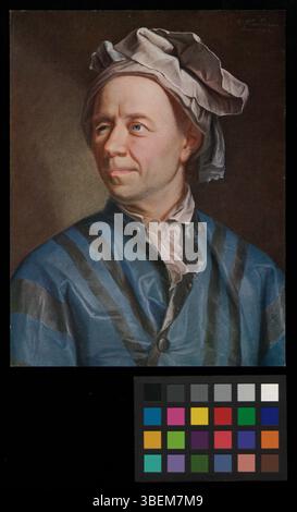 Cette reproduction en couleur d'un portrait de Leonhard Euler, peint par E. Handmann vers 1753, met en valeur le célèbre mathématicien. La reproduction souligne l'importance d'Euler dans le domaine des mathématiques et des sciences. Banque D'Images