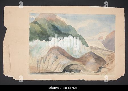 Cette aquarelle de Charles Heaphy illustre un paysage montagneux et un glacier en Nouvelle-Zélande. Il fait partie de la collection du musée d'Auckland, offrant un aperçu de la topographie et de la beauté naturelle de la Nouvelle-Zélande du XIXe siècle. Banque D'Images