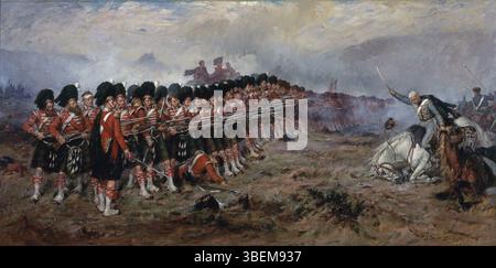 La peinture à l'huile de Robert Gibb de 1881, *The Thin Red Line*, capture les moments dramatiques de la bataille de Balaclava pendant la guerre de Crimée. L'illustration représente la célèbre manœuvre militaire où les troupes britanniques ont tenu leur terrain contre une charge de cavalerie russe. La peinture est connue pour sa représentation vivante du moment tendu et héroïque de l'histoire. Banque D'Images