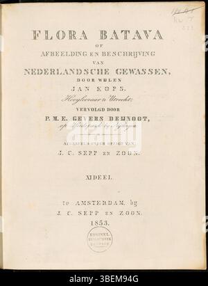 La page de titre de Flora Batava volume 11, publiée en 1853 par Pieter Marie Eduard Gevers Deynoot, fait partie d'un ouvrage botanique néerlandais détaillant les espèces végétales indigènes. Banque D'Images
