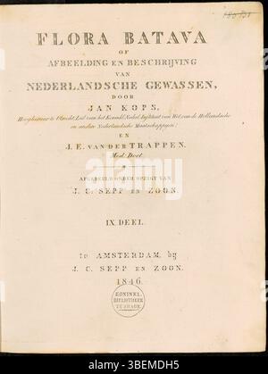 La page de titre de Flora Batava volume 9, publiée en 1846 sous Jan Kops, fait partie de la série botanique néerlandaise décrivant les espèces végétales locales. Banque D'Images