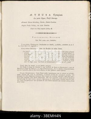 Cette plaque de la série Flora Batava de Jan Kops (1800) représente Aethusa cynapium, également connu sous le nom de persil de fou. Cette plante, originaire d'Europe, est toxique et ressemble au persil. L'illustration sert de référence botanique importante. Banque D'Images