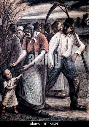 Le *retour des champs* d’Eugène Laermans, peint en 1903, représente des ouvriers ruraux revenant d’une journée de travail dans les champs. La peinture souligne l’épuisement physique des ouvriers et reflète l’intérêt de Laermans à dépeindre les dures réalités de la vie rurale. Banque D'Images