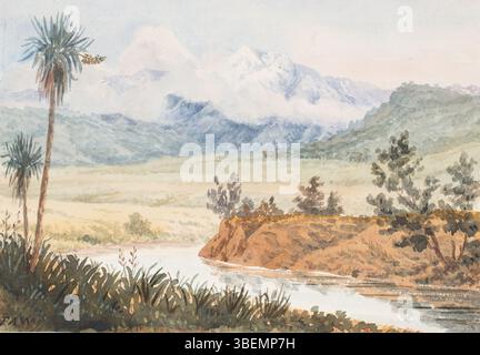 Cette aquarelle de 1861 de Sir Frederick Aloysius Weld représente une vue de Middle Island, en Nouvelle-Zélande. L'œuvre fait partie de la collection du musée d'Auckland et offre une perspective historique sur le paysage néo-zélandais. Banque D'Images