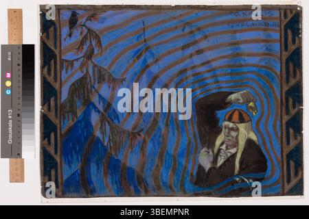 Kalevipoeg kellukest helistamas ('Kalevipoeg sonnant la cloche') est une peinture d'Oskar Kallis, créée entre 1914 et 1915. L'œuvre représente le héros légendaire Kalevipoeg de la mythologie estonienne, sonnant une cloche. Cette pièce reflète le style de Kallis, mélangeant des éléments du folklore avec une composition dynamique et des couleurs riches. Banque D'Images