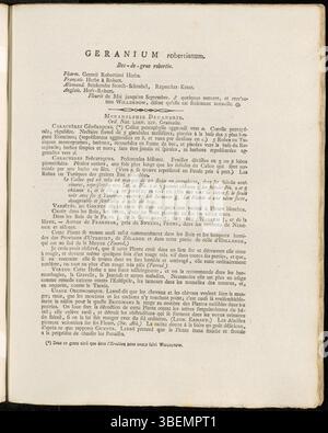 La planche 0048 de Flora Batava (1800) de Jan Kops illustre Geranium robertianum, une plante herbacée commune que l'on trouve dans les régions tempérées d'Europe et d'Asie. Connue sous le nom de Herb Robert, cette plante se caractérise par ses feuilles aromatiques et ses fleurs roses, qui poussent souvent dans les bois et les haies. Banque D'Images