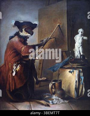 Le singe peintre de Jean-Baptiste-Siméon Chardin est une peinture datant des années 1739-1740, montrant une peinture de singe, une satire de l'art et du comportement humains. Il s'agit d'une œuvre perspicace de la période rococo, mettant en valeur l'habileté de Chardin dans la nature morte et la représentation d'animaux. Banque D'Images