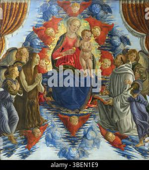 Ce tableau des années 1480 de Francesco Botticini, exposé au Musée du Louvre, représente la Vierge et l'enfant entourés de chérubins, séraphins, quatre anges, formés Marie Madeleine, et formés Bernard de Clairvaux. L’œuvre met en valeur l’utilisation par Botticini d’un symbolisme religieux vif et sa maîtrise de l’iconographie de la Renaissance. Banque D'Images