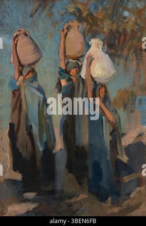 Cette peinture de 1891 de John Singer Sargent représente trois femmes arabes portant des pots d'eau. Les personnages sont habillés en tenue traditionnelle et engagés dans l'acte de transporter de l'eau, mettant en évidence les pratiques culturelles dans le monde arabe à la fin du XIXe siècle. Banque D'Images