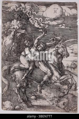 Gravure d'Albrecht Dürer illustrant l'enlèvement mythologique de Proserpine chevauchant une licorne, datée de 1516. Banque D'Images