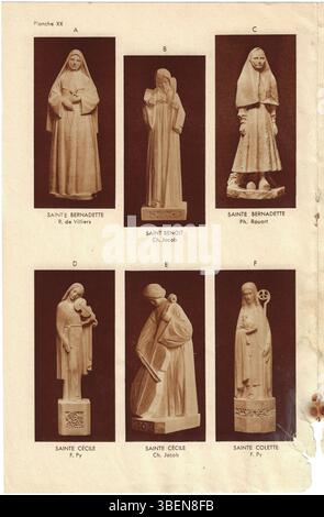 Ce catalogue de 1935 de *librairie de l'Art Catholique* présente des sculptures religieuses anciennes et modernes. La planche 20 présente une sélection d’œuvres d’art qui mettent l’accent sur la continuité de la sculpture religieuse à travers différentes périodes artistiques. Banque D'Images