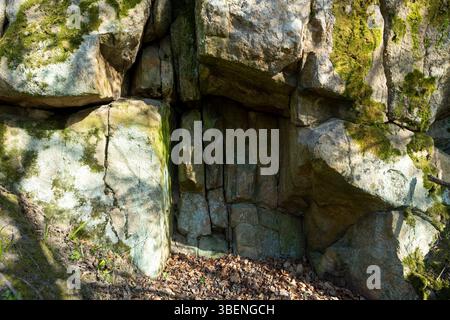 Un tas de roches couvertes de mousse repose tranquillement dans une zone montagneuse, entourée d'herbe sauvage et d'un terrain accidenté. La mousse verte contraste avec le gris Banque D'Images