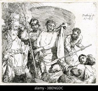 Une illustration intitulée « Christ avant Pilate » par Christian Wilhelm Ernst Dietrich, créée en 1763 en Allemagne. Il représente la scène biblique du Christ avant le gouverneur romain, Pilate. Banque D'Images