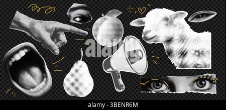 Collage créatif d'objets et d'icônes demi-tons pour des designs pop art à la mode Illustration de Vecteur
