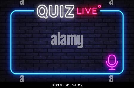 Neon quiz cadre en direct avec icône de microphone sur fond de mur de briques foncées, contour bleu brillant pour la conception de spectacle de trivia en direct Illustration de Vecteur