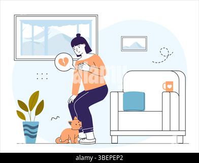 La femme souffre de maux de cœur. Fille tenant sa poitrine dans l'appartement. La personne souffre d'un accident vasculaire cérébral et d'une crise cardiaque. Mal et maladie, stress. Linéaire Illustration de Vecteur