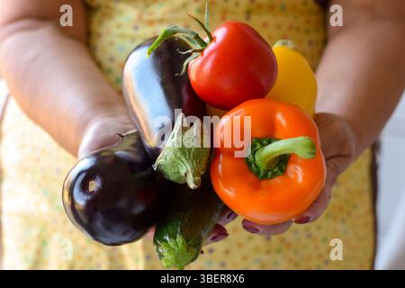 Femme tenant des légumes frais, des tomates, des aubergines et des poivrons Banque D'Images