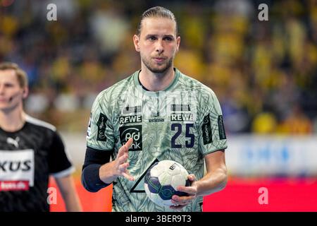 Mannheim, Deutschland. 29 mai 2025. Olle Forsell Schefvert (RNL, 25), Am Ball, Einzelbild, Einzelfoto, Aktion, action, im Sondertrikot zum Umweltspieltag, Umweltschutz, Umwelttag, 29.05.2025, Mannheim (Allemagne), handball, Bundesliga, Rhein-Neckar Löwen - TVB Stuttgart crédit : dpa/Alamy Live News Banque D'Images