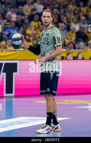 Mannheim, Deutschland. 29 mai 2025. Olle Forsell Schefvert (RNL, 25), Am Ball, Freisteller, Ganzkörper, Einzelbild, Einzelfoto, Aktion, action, im Sondertrikot zum Umweltspieltag, Umweltschutz, Umwelttag, 29.05.2025, Mannheim (Allemagne), handball, Bundesliga, Rhein-Neckar Löwen - TVB Stuttgart crédit : dpa/Alamy Live News Banque D'Images