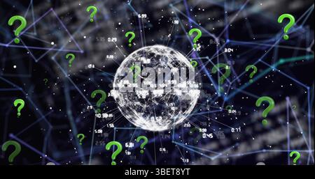 Illustration des icônes de point d'interrogation sur le réseau de connexions et de traitement des données sur fond noir Banque D'Images