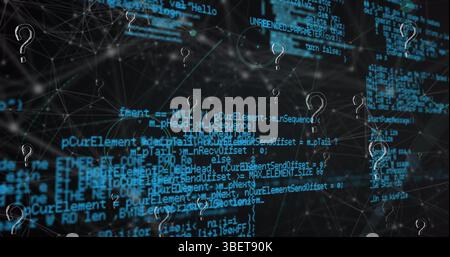 Illustration des icônes de point d'interrogation sur le réseau de connexions et de traitement des données sur fond noir Banque D'Images