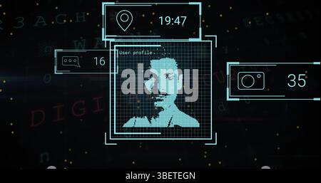 Image de plusieurs icônes de profil avec traitement des données contre des taches jaunes sur fond noir Banque D'Images