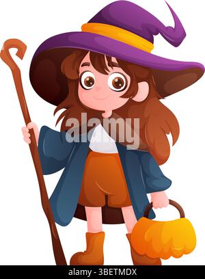 Une jolie sorcière de dessin animé est prête pour Halloween, portant un chapeau violet, un manteau bleu et des bottes. Elle tient un seau de citrouille et un bâton de marche. Illustration de Vecteur